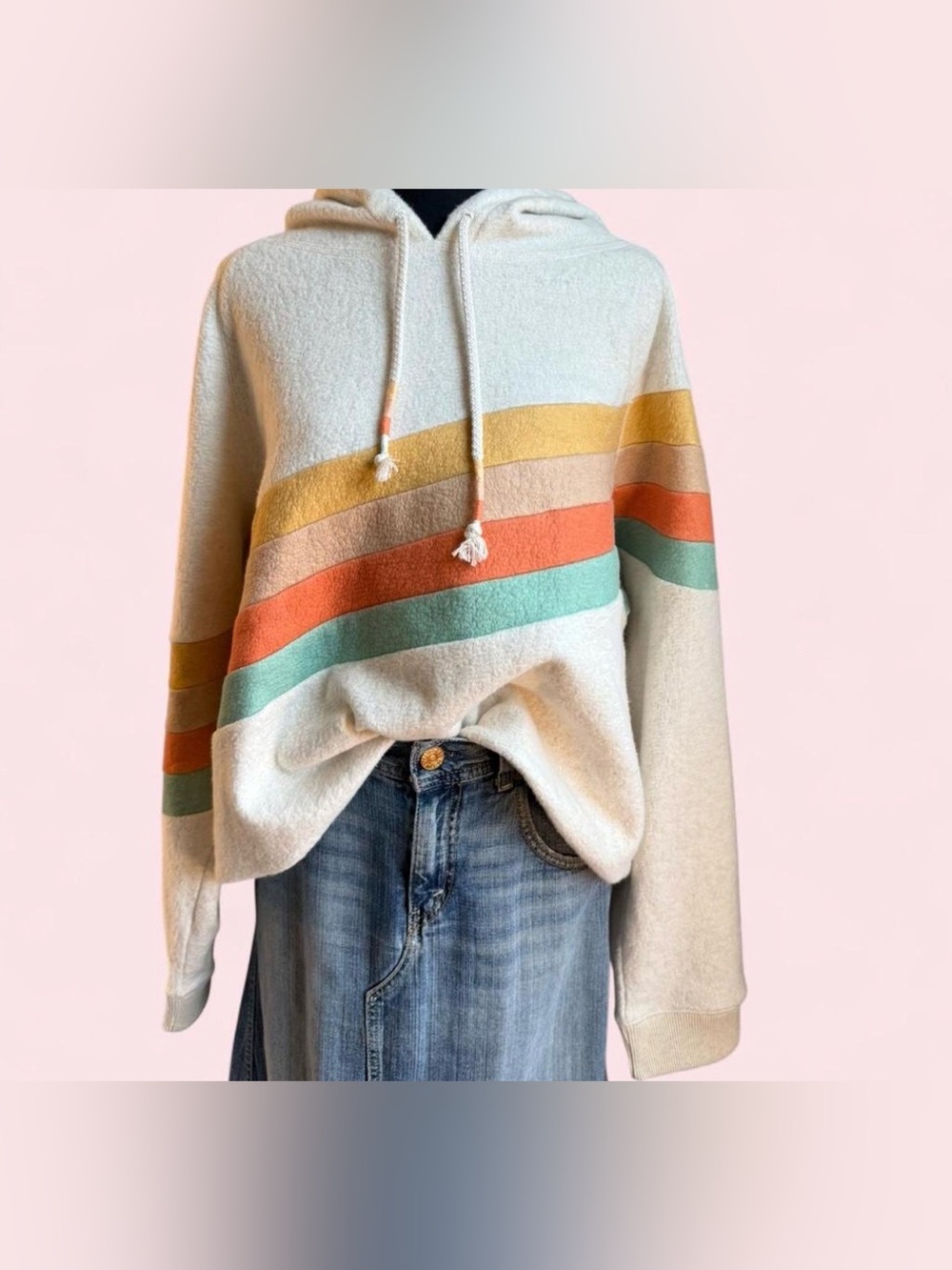 Faherty Cream Hoodie with Mustard, Coral & Mint Stripes. Fits like Large